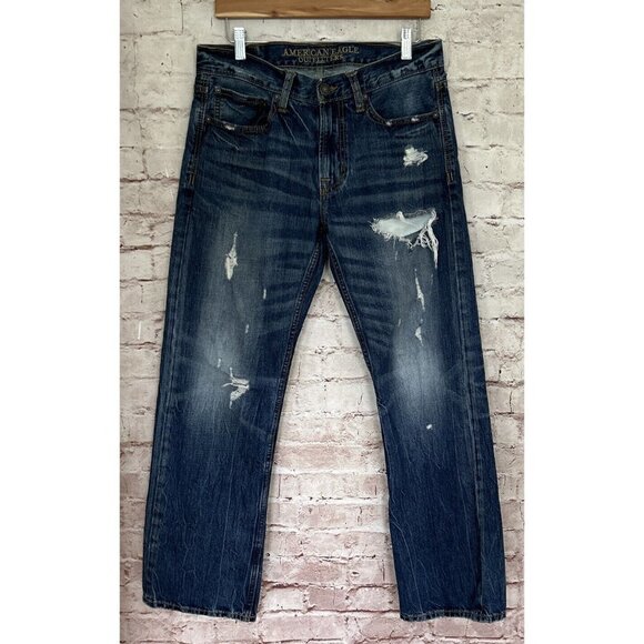 American Eagle Mens Original Boot Jeans Distressed Denim Holes Faded  31 x 32 - Picture 1 of 5